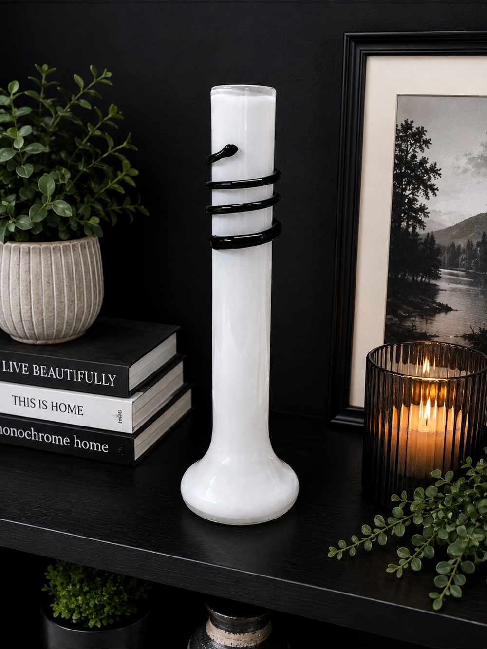 1980s Tarnowiec Poland Art Glass Vase White Black Jerzy Sluczan-Orkusz Soliflore